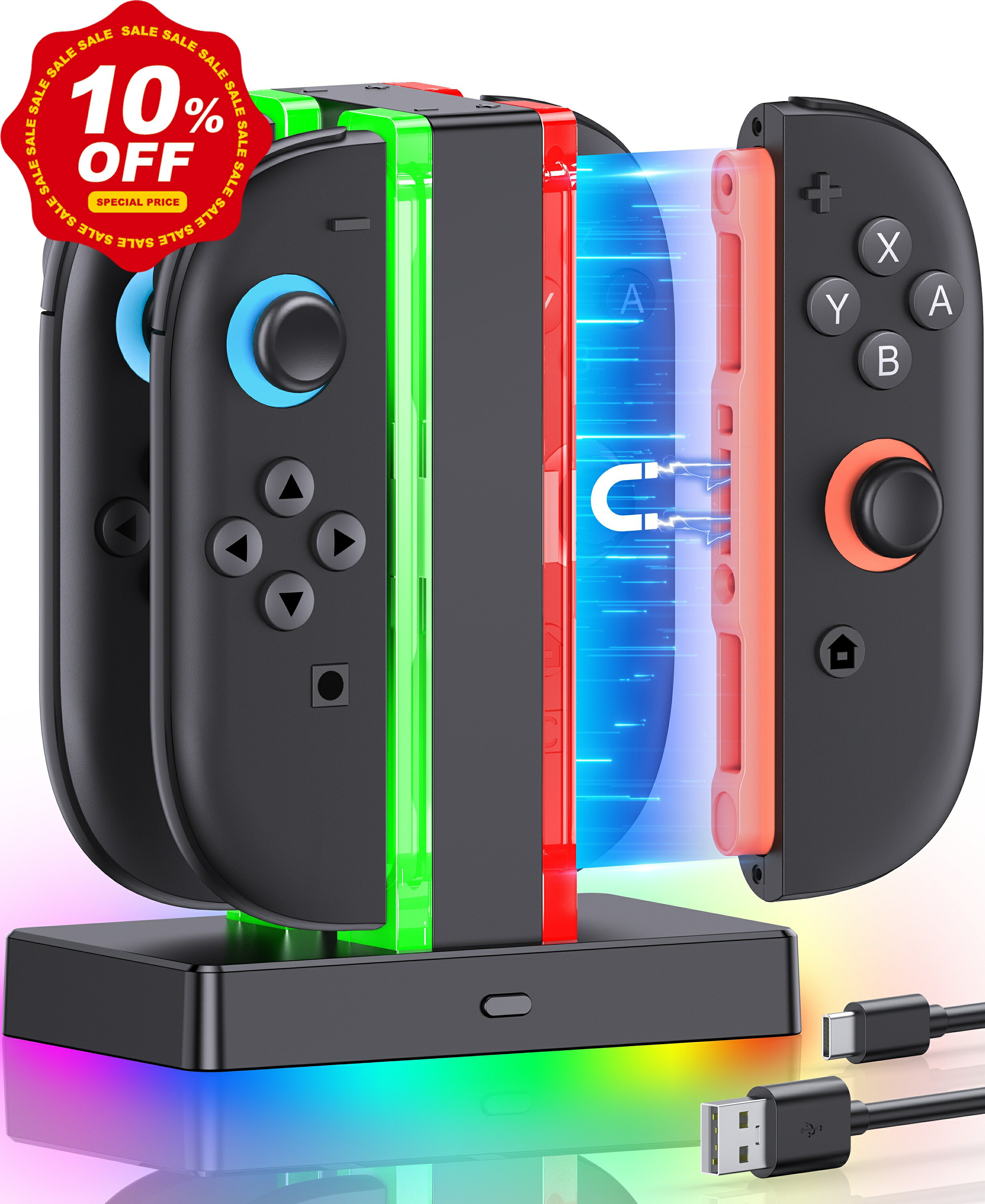 Switch2 アクセサリー 4in1充電ステーション BEBONCOOL 充電スタンド ジョイコン用 Switch 2 充電 周辺機器 ライト搭載 充電収納 一体型 多機能充電器 4台同時充電可能 Type-cアダプター 急速充電 スイッチ 充電ホルダー Switch2対応 1年保証