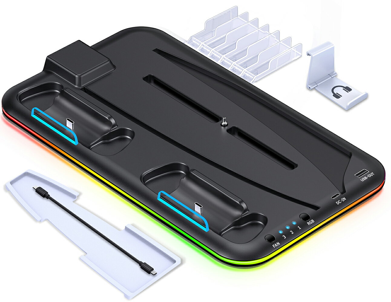 PS5 スタンド 縦置き 冷却 スタンド BEBONCOOL PS5コントローラー充電 2台同時充電 3段階冷却 PS5ディスク-デジタル兼用 冷却ファン 充電指示ランプ RGBライト 収納 多機能 6枚ゲームディスク+…