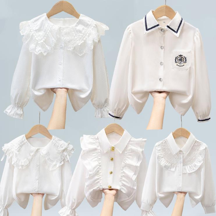 シャツ 女児 長袖 白 純綿100% フリルカラー 春秋 中大サイズ 通学用 学校制服 コットン トップス ブラウス 柔らかい 肌触り 吸湿速乾 軽量 快適 日常使い
