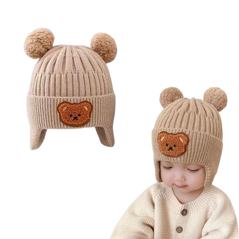 [Tidyworm] 赤ちゃん 帽子 冬 ベビー 帽子 可愛い ポンポン くま ベビー ニット帽 防寒帽子 耳当て付き 防風 暖かい 柔らかい 新生児 キッズ 子供 帽子 男の子 女の子