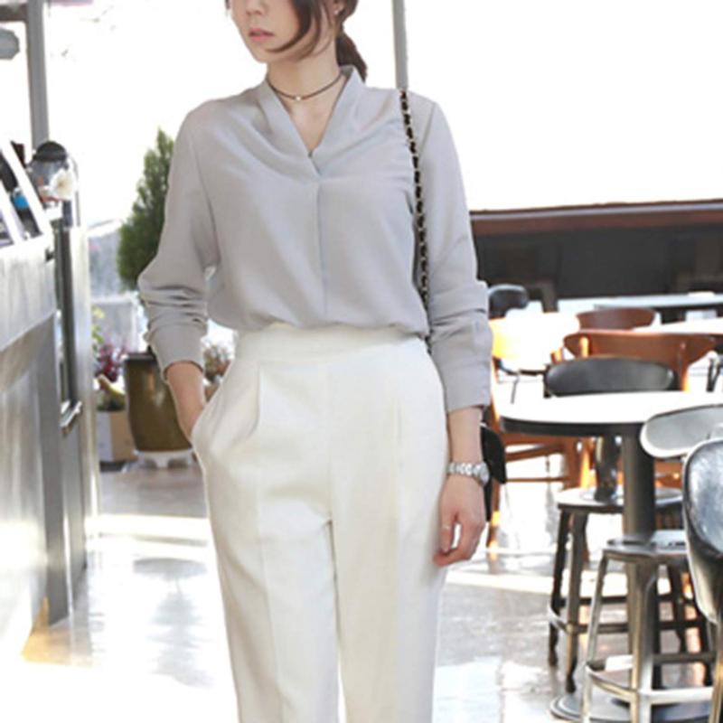 [ハト] ホワイトシャツ Vネック プルオーバー レディース 長袖シャツ エレガント OL オフィス シフォンブラウス レディースファッション 無地 トップス おしゃれ 通勤 白 グレー