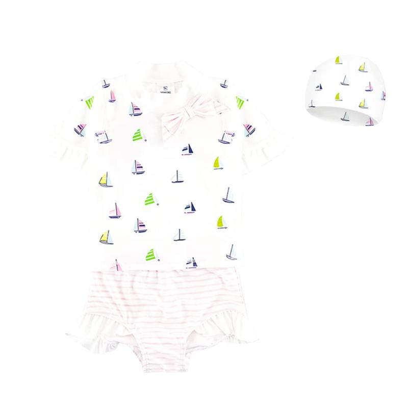 [Mon Ange] 水着 女の子 セパレート ラッシュガード 半袖 トップス ショーツ スイムキャップ 3点セット..