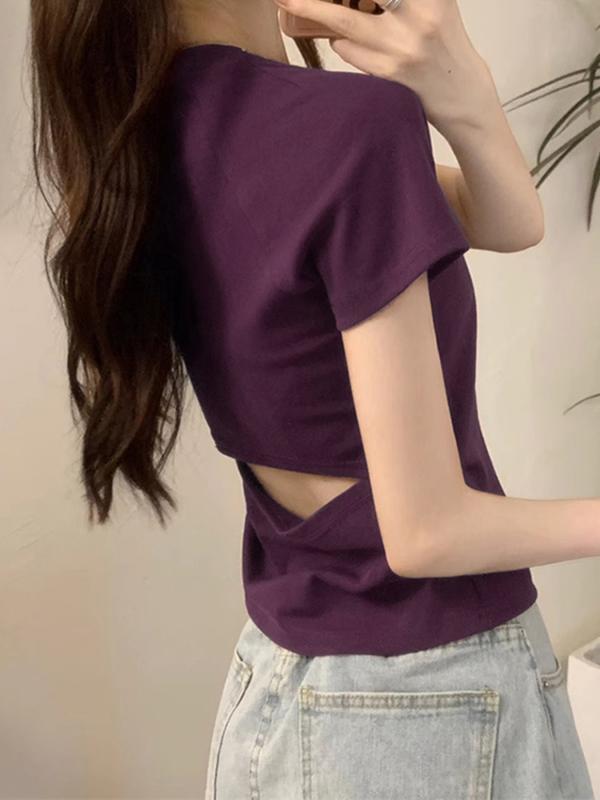 乐天商城 - Tシャツ レディース 短袖 夏用 背中透け シック デザイン スリムフィット ウエストシェイプ トップス カットアウト カジュアル 日常使い 軽量 吸湿速乾