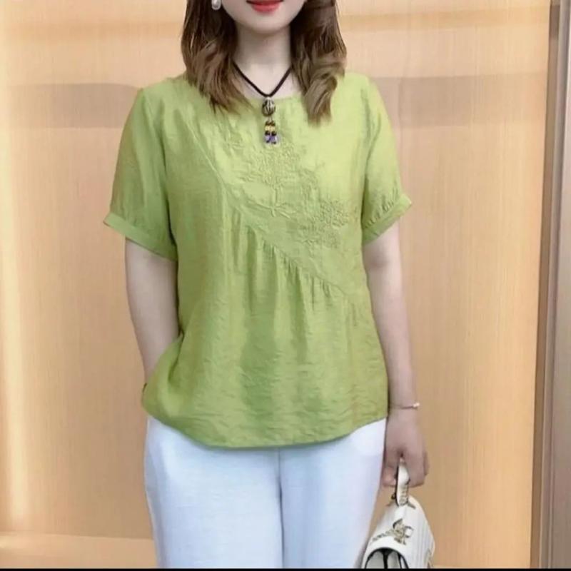 女性用 夏 短袖 丸首 Tシャツ 刺繍 無地 ゆったり 腹隠し 薄手 高級感 ママ向け 軽量 普段使い コットン混 吸湿速乾・カテゴリ: Tシャツ・スタイル: カジュアル・主な素材: ポリエステル80-90%・柄: 無地・袖丈: 半袖・加工: 刺繍・版型: ルーズ・着丈: 普通(50-65cm)・ネックライン: クルーネック・袖型: 標準袖・カラー展開: グリーン、紫、ピンク・サイズ展開: M、L、XL、2XL、3XL、4XL