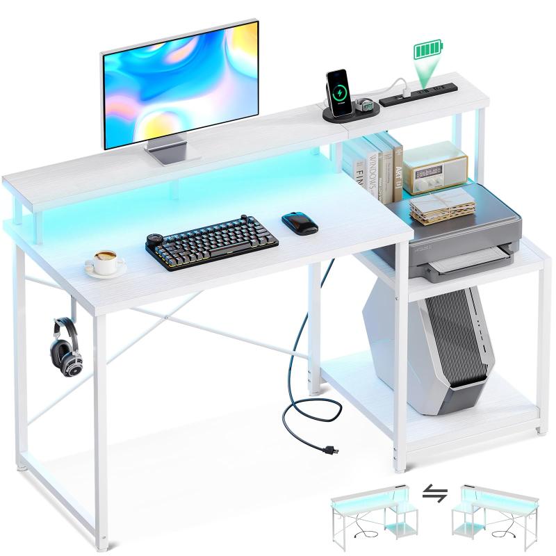 AODK ゲーミングデスク パソコン机 ラック&amp;コンセント付 幅120/140cm モニター台&amp;プリンター台付 LEDライト付 ゲーム/在宅ワーク/オフィス用 左右入れ替え対応