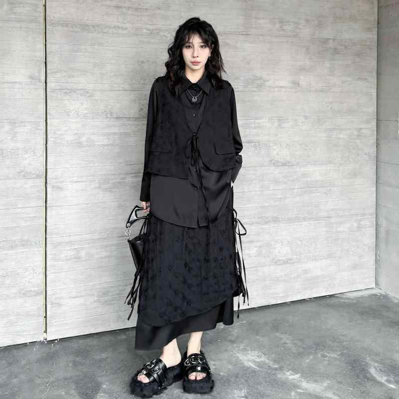 レディース 春秋 セットアップ ゆったり 切り替え 長袖 ブラウス ハイウエスト ミディスカート カジュアル スタイル トップス スカート 組み合わせ 日常使い 軽やか シルエット