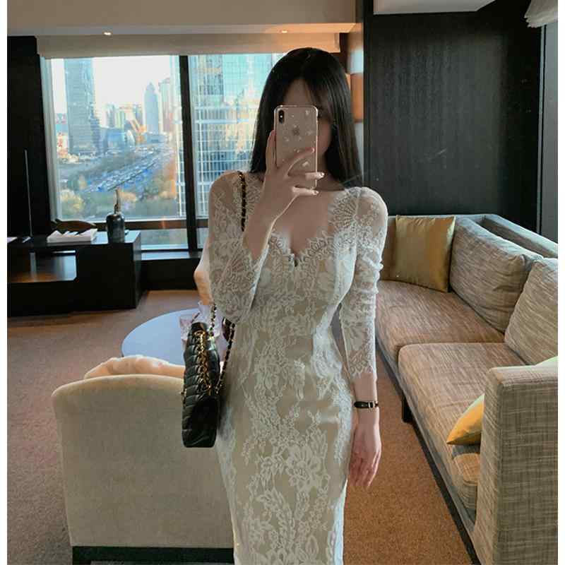 乐天商城 - 女性用 レース 長袖 Vネック ワンピース スリムフィット ヒップハグ 韓国スタイル エレガント ドレス フェミニン ボディライン 強調 膝丈 ミディ丈 スタイリッシュ フォーマル