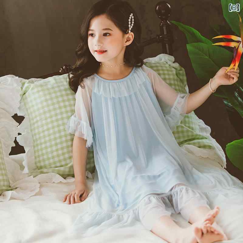 女の子 短袖 パジャマドレス 夏用 薄手 チュール 仙女風 かわいい 部屋着 軽量 通気性 ベビー 寝間着