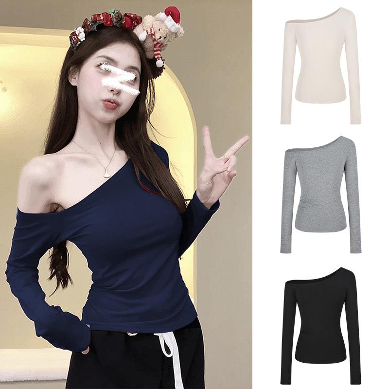 乐天商城 - レディース Tシャツ オフショルダー 長袖 スリムフィット 痩せ見え 秋 デザイン コーディネートしやすい インナー 学生向け トップス 普段使い 軽量 伸縮性