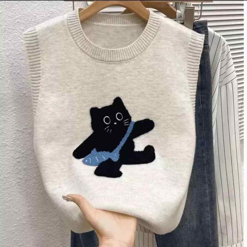 乐天商城 - レディース ニットベスト ノースリーブ かわいい 子猫 刺繍 秋冬 インナー レイヤード ファッション 多用途 柔らかい 編み込み クラシック デザイン