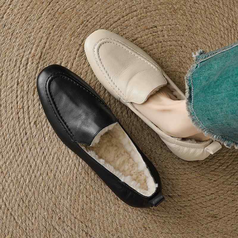 女性用 秋冬 羊毛 保暖 フラットシューズ 厚手 深口 毛付き 革靴 綿素材 日常使い 暖か 保温 軽量 伸縮性