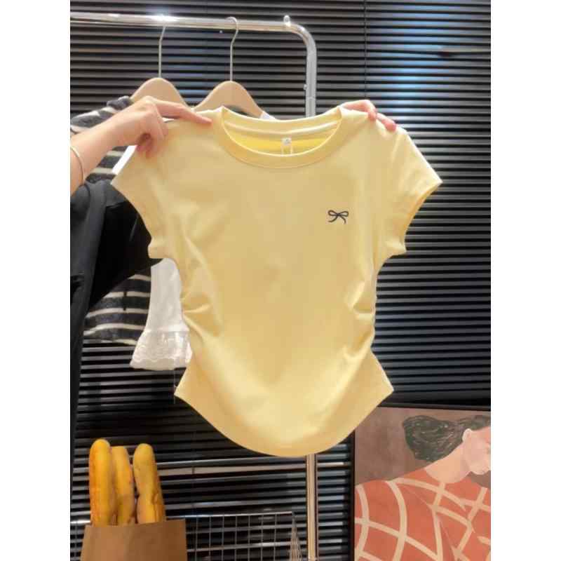 乐天商城 - レディース 夏 短袖 Tシャツ ミルクイエロー 蝶結び 花柄プリント ウエストイン プリーツ 痩せ見え インナートップス コットン 軽量 伸縮性 通勤 普段使い