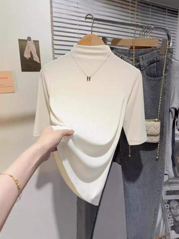 Rakuten - レディース リブニット ハーフハイネック 半袖 Tシャツ 春夏 スリムフィット スタイリッシュ ベーシック 上品 インナー トップス 吸湿速乾 コットン混 軽量 普段使い