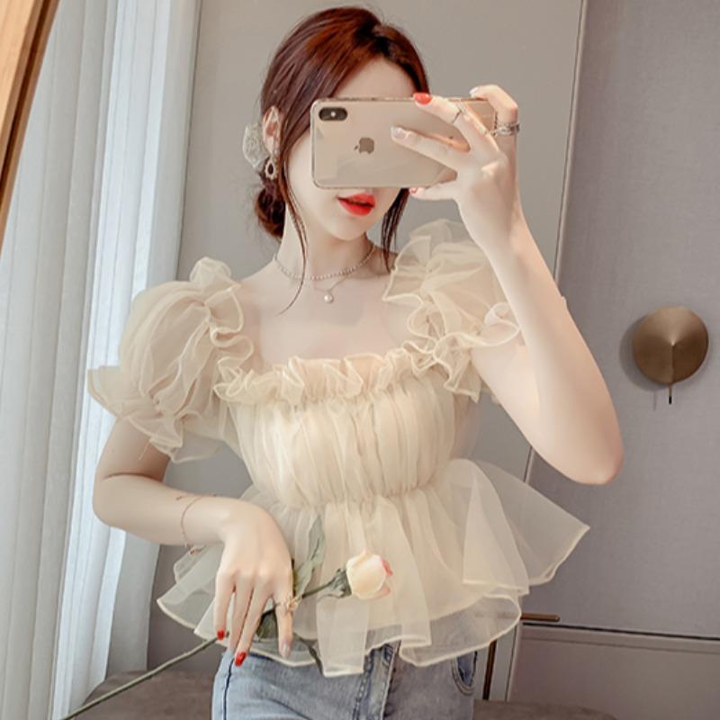 Rakuten - ブラウス レディース オフショルダー シフォン 夏用 セクシースタイル デザイン性 ユニーク フレンチ パフスリーブ キュート ショート丈 トップス 軽量 涼しい 吸湿速乾 カジュアル