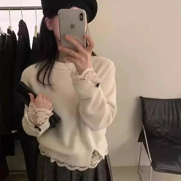 ニット レディース トップス セーター プルオーバー 長袖 レース 秋冬 ゆったり 大...
