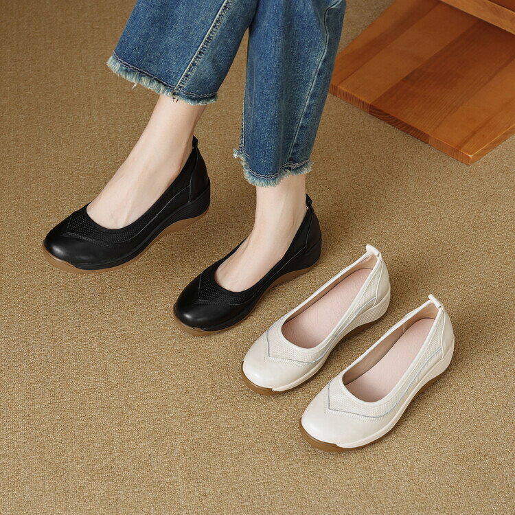 パンプス レディース 厚底 スリッポン ラウンドトゥ レザーシューズ 本革調 プラッ...