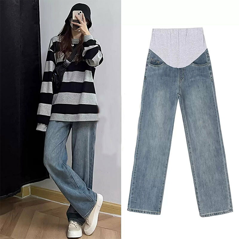 マタニティパンツ レディース 大きいサイズ ジーンズ デニム ワイドパンツ 秋冬 妊婦服 ズボン ボトムス ゆったり 体型カバー 着痩せ お腹周り 締め付けない ストレッチ 伸縮性 柔らかい 快適 普段使い 通勤用 カジュアル シンプル 無地 ロング丈