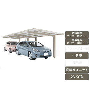 カーポート 2台用 四国化成【スマートポートR 縦連棟セット 基本セット+縦連棟ユニット 中延高 28-50型 アルミカラー 熱線吸収ポリカーボネート カーポート 2台用】