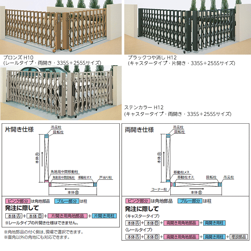 エクステリア・ガーデン Felijuの伸縮門扉 アコーディオン 目隠し おしゃれ DIY 四国化成クレディアコー 2型 角地仕様 キャスタータイプ 手動式 H380S H12 CD2C-H380S｜アングル3