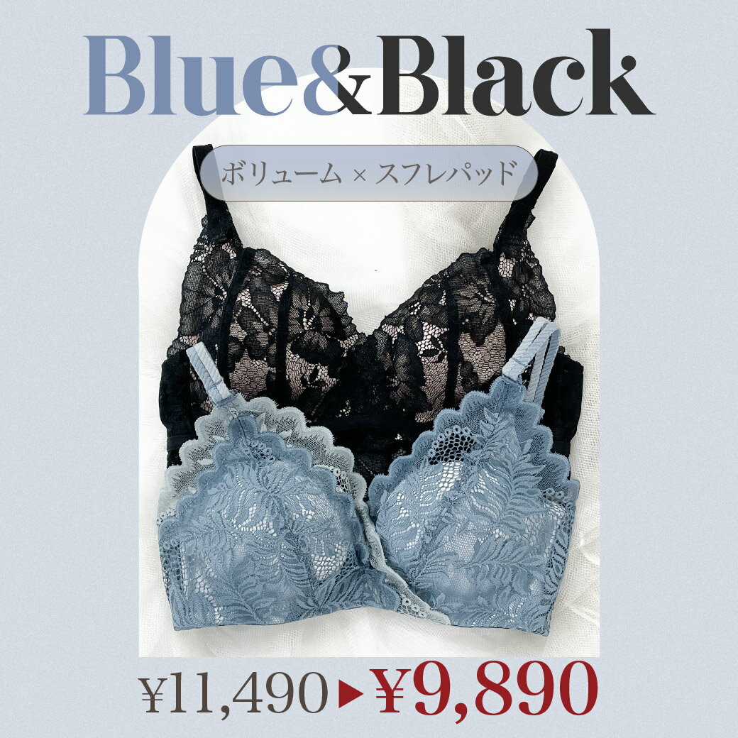 小胸さんスタートアップセット blue × black- CR531 【 Feliture極ふわブラ ×1 ヒールミーブラ ×1 】 ノンワイヤー ブラジャー ショーツ スフレパッド 下着 レディース 脇高 ブラジャーセット 脇肉 谷間 小胸 ブラセット