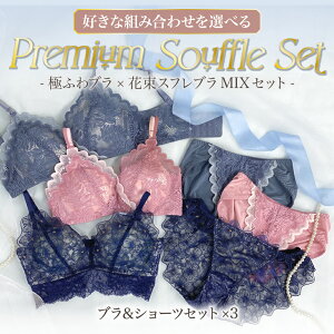 【極ふわブラ×花束スフレブラを選べる】Premium Souffle Set【 花束スフレブラ ×1 極ふわブラ ×2 】 ノンワイヤー ブラジャー ショーツ スフレパッド 下着 レディース 脇高 ブラジャーセット 谷間 小胸 ブラセット