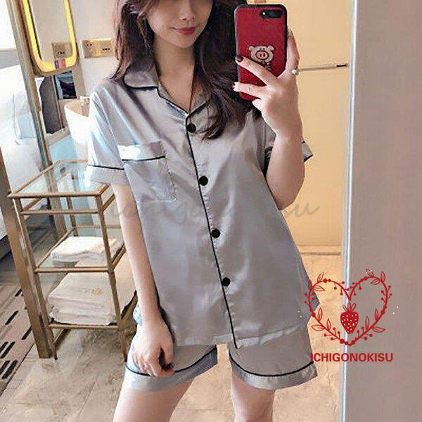 夏新作 レディース バイカラー サテン パジャマ 半袖 シルクタッチ ショーパン フラワー 寝間着 ルームウェア 部屋着 ナイトウェア