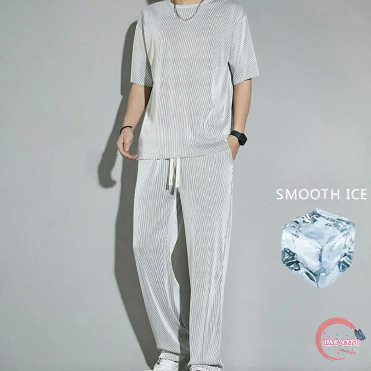 接触冷感 セットアップ メンズ 半袖 Tシャツ ワイドパンツ 夏 薄手 涼しい 上下セット 2点セット ロングパンツ トップス ひんやり ルームウェア スポーツ 運動着 アウトドア 大きいサイズ 無地 カジュアル おしゃれ 春 夏 夏服 送料無料