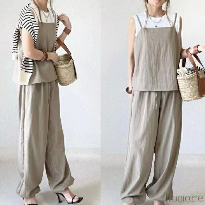パンツセットアップ レディース 夏 上下セット ワイドパンツ キャミトップス 薄手 カジュアル 無地 涼しい ロングパンツ