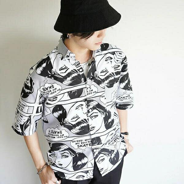 アメコミ柄 メンズ 漫画柄 総柄 ヒップホップ コミック柄 コスチューム シャツ モノトーン 五分袖 レデ..