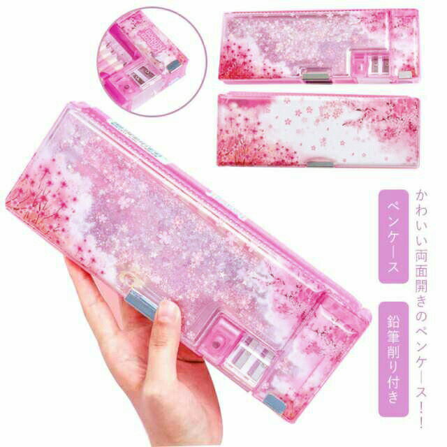 鉛筆削り付き 可愛い 小学生 ペンケース 両面開き マグネット式 大容量 ピンク 入学祝い ギフト