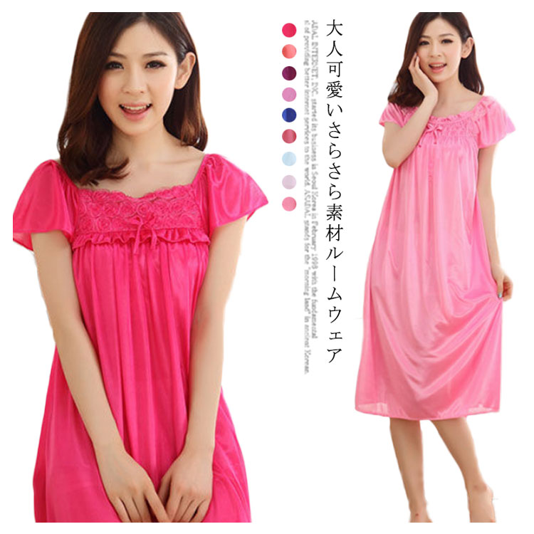 ルームウェア 可愛い ワンピース レディース 夏 ロング リボン 花柄 レース ネグリジェ シースルー