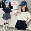 韓国子供服 女の子 セットアップ キッズ 夏服 上下セット 半袖Tシャツ+スカート ガールズ ラペル チェ..