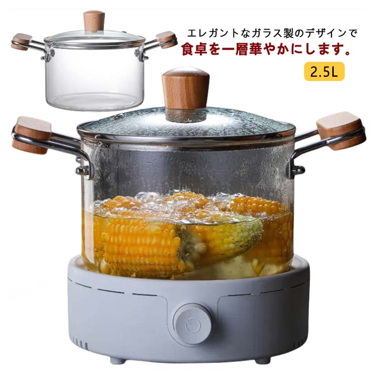 ガラス鍋 2.5L 直火 オーブン 電子レンジ対応 透明 耐熱ガラス 家庭用 ふた付き 煮込み鍋