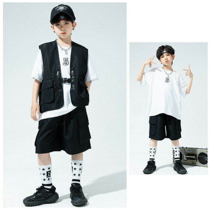 【★店内全品対象クーポン有】 キッズダンス衣装 黒ベスト 男女兼用 子供服 ベスト ステージ衣装 ヒップホップ K-pop 舞台 団体服 演出服 体育祭 文化祭 学園祭 クラス活動 公演服 110-180サイズ