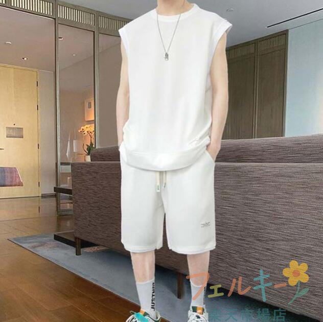ノースリーブ タンクトップ スウェット ジャージ 上下セット ワッフル生地 ハーフパンツ メンズ トレーナー 大きいサイズ ショートパンツ 春 夏 秋 ウエストゴム ゆったり 薄手 スポーツウェア ランニング