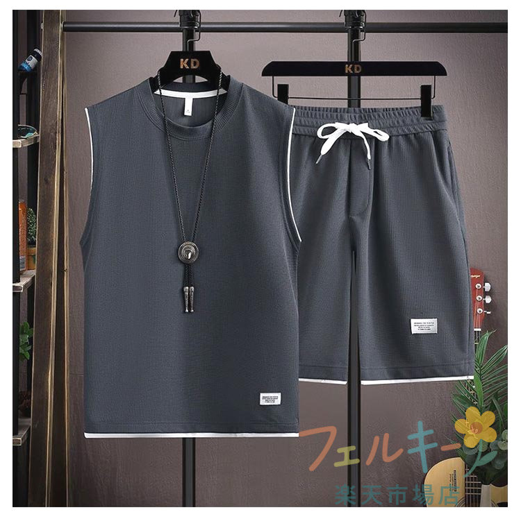 ノースリーブ タンクトップ スウェット ジャージ 上下セット ワッフル生地 ハーフパンツ メンズ トレーナー 大きいサイズ ショートパンツ 春 夏 秋 ウエストゴム ゆったり 薄手 スポーツウェア ランニング
