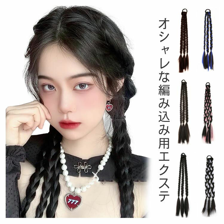三つ編み 編み込み ツインテール 2枚セット ポニーテール つけ毛 ウィッグ ブレイズ 毛束 ダンス レディース 女の子 大人 ドレッド キッズ ヘアアレンジ ブラック ロング