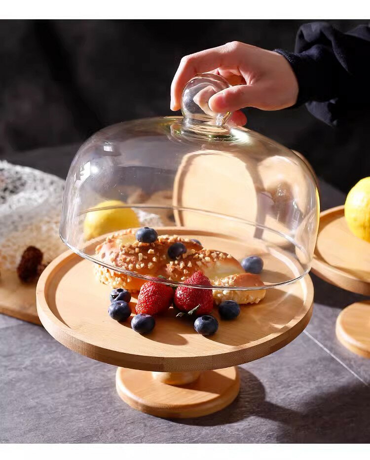 【楽天スーパーSALE対象商品】 ケーキスタンド 陶器 木製 ガラス蓋付き 直径20/23.5/27cm 3タイプ選択 ホワイト チーク材 フルーツトレー ディスプレイ(3)