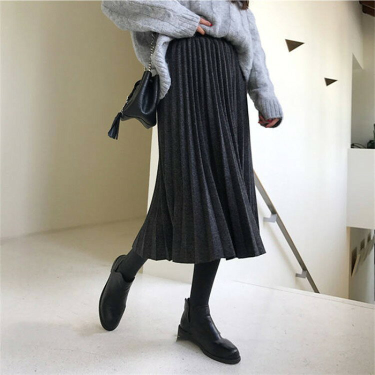 樂天商城 - 【★店内全品対象クーポン有★】 プリーツスカート ロング丈 綿混紡 Aラインレディースボトムス 厚手ミモレ丈 秋冬ウエストゴム通着 痩せ見え体型カバー