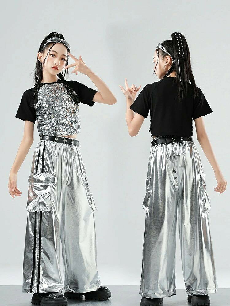 【SS限定★店内全品対象クーポン有★】 キッズ ダンス衣装 セットアップ チアガール 女の子 韓国風 K-POP ショート丈トップ スパンコール タンクトップ ゆったり 子供服