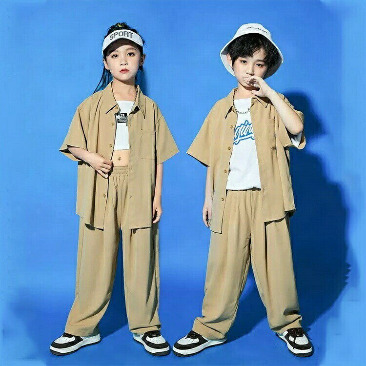 樂天商城 - キッズダンス衣装 セットアップ 韓国風 練習着 舞台衣装 子供用 大きいサイズ 女の子 ダンスジャケット パンツ ベージュ
