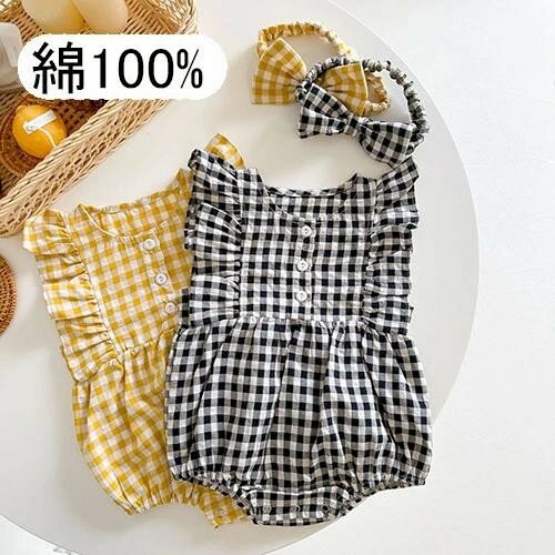 乐天商城 - 【★店内全品対象クーポン有★】 ベビーロンパース 女の子 ノースリーブ カバーオール チェック柄 綿100% 春 夏 66-100cm