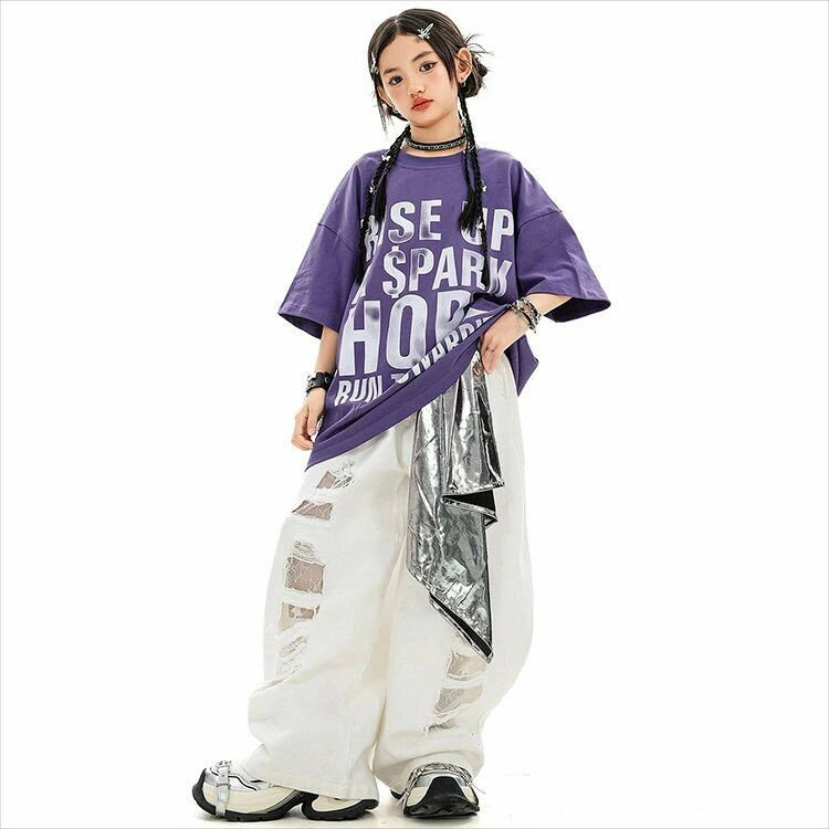 乐天商城 - キッズダンス衣装 半袖Tシャツ セットアップ パープル ユニセックス