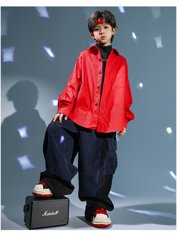 赤 キッズ ダンス 衣装 セットアップ おしゃれ かっこいい ゆったり かわいい 長袖 女の子 男の子 トップス パンツ シャツ ジャズダンス ヒップホップ 派手 ファッション 韓国 kpop hip-hop レッスン ポッピング ロッキング 練習着 応 3