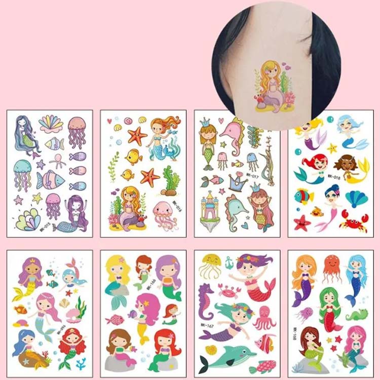 タトゥーシール 7枚セット ユニコーン 人魚姫 子ども向け カラー ボディステッカー ファッションシール ボディーシール 腕時計 刺青シール ステッカー かわいい おしゃれ イベント キッズ 女の子 女児 子ども カラフル