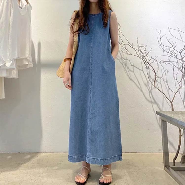 デニム ジャンパースカート ロングワンピース ノースリーブ ワンピース デニム ロング ワンピース クルーネック Aライン ジャンパースカート キャミワンピース ポケット付き デニムワンピ ゆったり ミモレ きれいめ 透けない