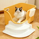 大型猫トイレ　オープンタイプ　猫用トイレ本体　大きめ　深め　猫のトイレ　広々サイズ　ゆったり　砂飛び散り防止　大開口　スコップ付き　大きな猫のトイレ　ペットトイレ　掃除簡単　階段付き　お手入れ簡単　多頭猫用　イエロー