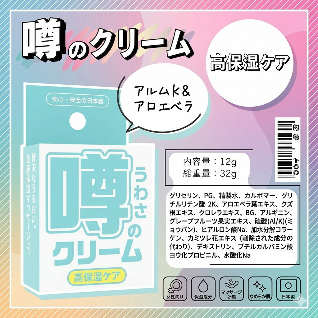 Rakuten - プライバシー梱包　噂のクリーム 12g うわさのクリーム 高保湿ケア マッサージクリーム 温感クリーム ボディクリーム ミョウバン ムイラプアマ アロエベラ ヒアルロン酸 引き締め 潤い ボディケア スキンケア 女性向け 日本製 雑貨