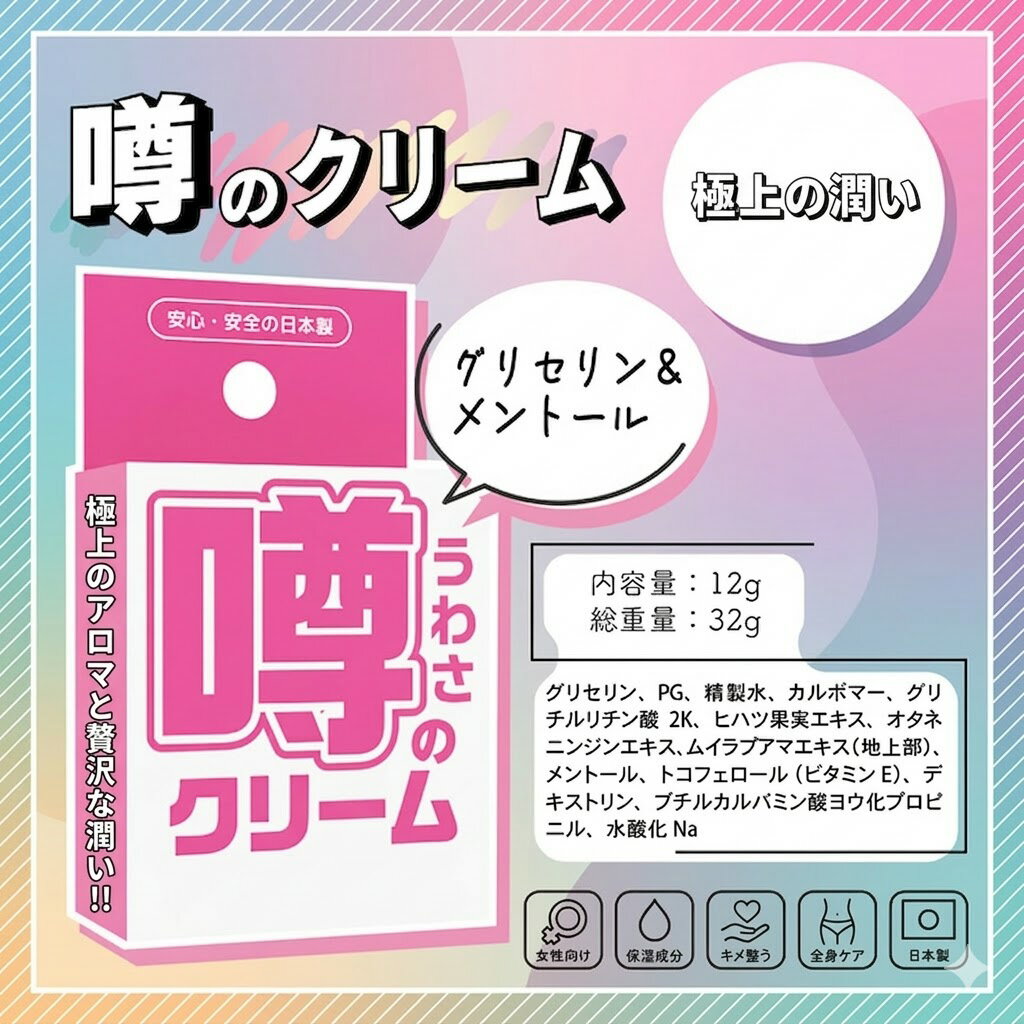 プライバシー梱包　噂のクリーム 12g うわさのクリーム 温感 冷感 ホット＆クール マッサージクリーム ボディクリーム ヒハツ オタネニンジン 高麗人参 ムイラプアマ ビタミンE メントール 新感覚 ペアケア 日本製 雑貨