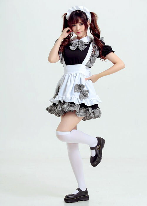 プライバシー配送 メイド服 コスプレ 衣装 ゴスロリ チェック柄 リボン | ハロウィン クリスマス 仮装 ワンピース エプロン カチューシャ セット フリル ゴシック ロリータ 地雷系 アイドル 男の娘 女装 細身